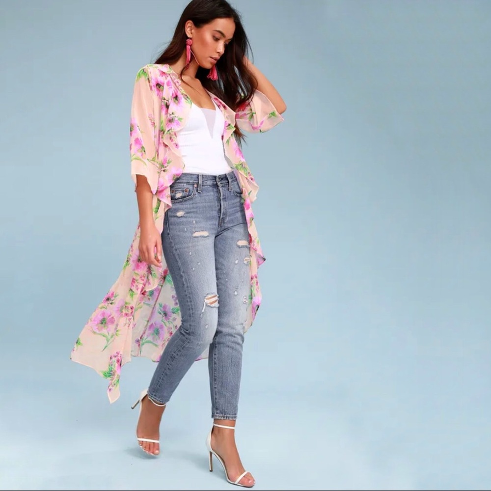 Lulus Poolside Vibes Blush Pink Floral Print Cover-Up Ruffle Front Feminine
